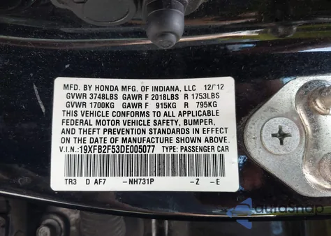 2013 Honda Civic Lx from USA, damaged, VIN 19XFB2F53DE005077